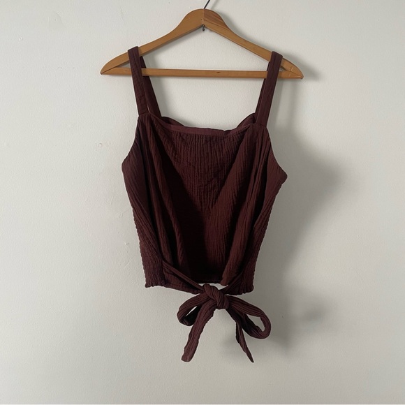 Anthropologie Tops - Anthropologie Sepia Brown Gauze Tie-Front Smocked Sleeveless Top Size XL